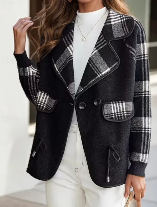 Outlet Women's Sweater Cardigan Sweater Jacket Shirt Collar Knit Patchwork Button Knitted Raglan Sleeves Spring Fall Daily Holiday Weekend Daily Stylish Casual Long Sleeve Plaid Color Block Black Women Blazers & Suits
