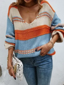 Outlet Women's Sweater Casual Color Block Deep V Knitted Long Sleeve Long Tops Knit Home Work Red Blue Fall Winter Women Pullovers & Tops