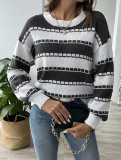 Hot Women's Sweater Casual Graphic Striped Crew Neck Knitted Long Sleeve Regular Tops Knit Home Work Daily Black Brown Fall Winter Women Pullovers & Tops