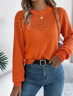Hot Women's Sweater Casual Soft Pure Color Ribbed Crew Neck Knitted Hole Long Sleeve Regular Tops Knit Outdoor Daily Weekend White Orange Fall Winter Women Pullovers & Tops