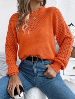 Hot Women's Sweater Casual Soft Pure Color Ribbed Crew Neck Knitted Hole Long Sleeve Regular Tops Knit Outdoor Daily Weekend White Orange Fall Winter Women Pullovers & Tops