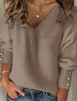 Online Women's Sweater Casual Soft Pure Color Ribbed V Neck Buttons Knitted Long Sleeve Regular Tops Knit Outdoor Daily Weekend Black White Fall Winter Women Pullovers & Tops
