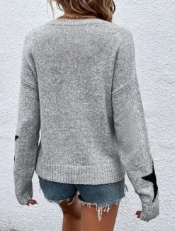 Hot Women's Sweater Casual Soft Star Ribbed Crew Neck Knitted Long Sleeve Regular Tops Knit Outdoor Daily Weekend Fall Winter Women Pullovers & Tops