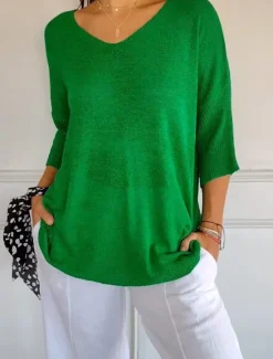 Sale Women's Sweater Casual Soft Pure Color Ribbed V Neck Knitted 3/4 Length Sleeve Regular Tops Knit Outdoor Daily Weekend Blue Green Fall Women Pullovers & Tops
