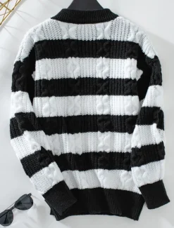 Women's Sweater Casual Soft Striped Ribbed Crew Neck Knitted Long Sleeve Regular Tops Knit Outdoor Daily Weekend Coffee Fall Winter Women Pullovers & Tops