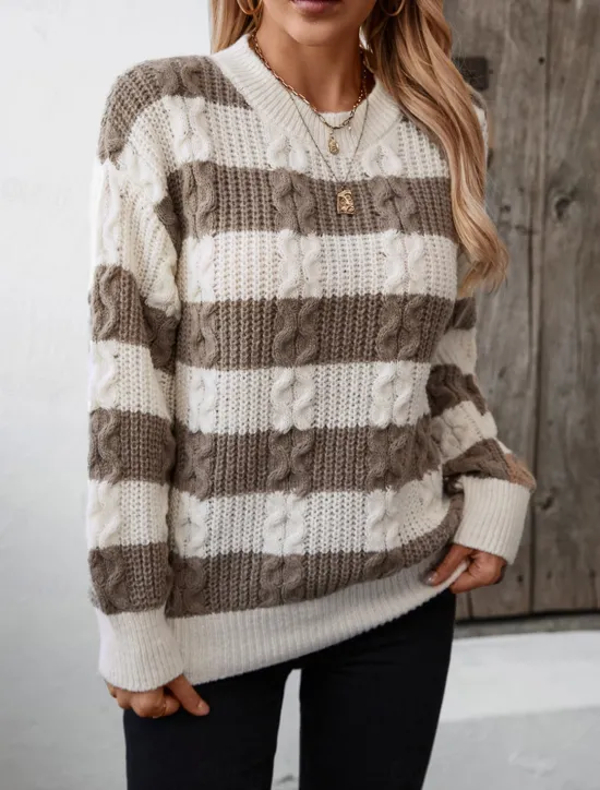 Women's Sweater Casual Soft Striped Ribbed Crew Neck Knitted Long Sleeve Regular Tops Knit Outdoor Daily Weekend Coffee Fall Winter Women Pullovers & Tops