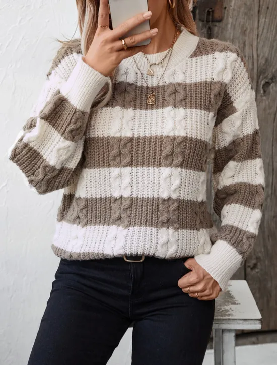 Women's Sweater Casual Soft Striped Ribbed Crew Neck Knitted Long Sleeve Regular Tops Knit Outdoor Daily Weekend Coffee Fall Winter Women Pullovers & Tops