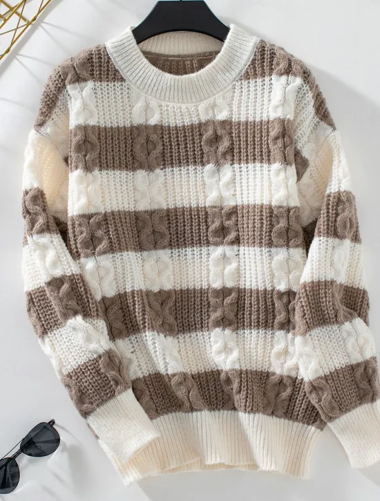 Women's Sweater Casual Soft Striped Ribbed Crew Neck Knitted Long Sleeve Regular Tops Knit Outdoor Daily Weekend Coffee Fall Winter Women Pullovers & Tops