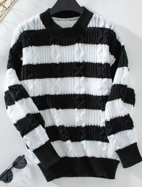Women's Sweater Casual Soft Striped Ribbed Crew Neck Knitted Long Sleeve Regular Tops Knit Outdoor Daily Weekend Coffee Fall Winter Women Pullovers & Tops