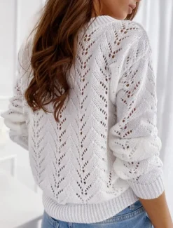 Discount Women's Sweater Casual Soft Pure Color Ribbed V Neck Hollow Out Knitted Long Sleeve Regular Tops Knit Outdoor Daily Weekend White Pink Fall Winter Women Pullovers & Tops