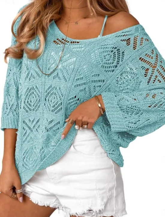 Women's Sweater Casual Soft Pure Color Ribbed V Neck Knitted Hole 3/4 Length Sleeve Regular Tops Knit Outdoor Daily Weekend Green Light Blue Summer Spring Women Pullovers & Tops
