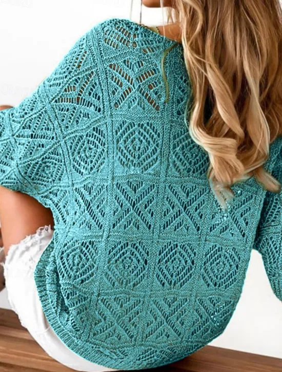 Women's Sweater Casual Soft Pure Color Ribbed V Neck Knitted Hole 3/4 Length Sleeve Regular Tops Knit Outdoor Daily Weekend Green Light Blue Summer Spring Women Pullovers & Tops