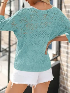 Women's Sweater Casual Soft Pure Color Ribbed V Neck Knitted Hole 3/4 Length Sleeve Regular Tops Knit Outdoor Daily Weekend Green Light Blue Summer Spring Women Pullovers & Tops