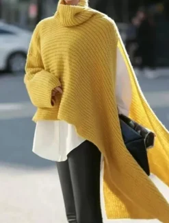Women's Sweater Casual Soft Pure Color Ribbed Turtleneck Split Knitted Long Sleeve Regular Tops Knit Outdoor Daily Weekend White Yellow Fall Winter Women Pullovers & Tops