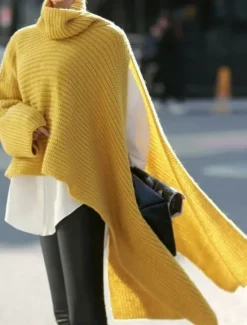 Women's Sweater Casual Soft Pure Color Ribbed Turtleneck Split Knitted Long Sleeve Regular Tops Knit Outdoor Daily Weekend White Yellow Fall Winter Women Pullovers & Tops