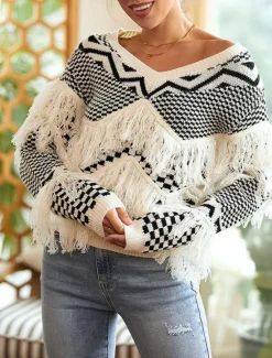 Women's Sweater Casual Soft Pure Color Ribbed V Neck Patchwork Tassel Knitted Long Sleeve Regular Tops Knit Outdoor Daily Weekend Fall Winter Women Pullovers & Tops
