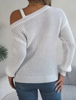 Women's Sweater Casual Soft Pure Color Chunky One Shoulder Knitted Long Sleeve Regular Tops Knit Outdoor Daily Weekend White Pink Fall Winter Women Pullovers & Tops