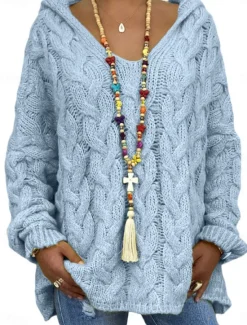 Discount Women's Sweater Casual Soft Pure Color Chunky Hooded Knitted Long Sleeve Regular Tops Knit Outdoor Daily Weekend Pink Blue Fall Winter Women Pullovers & Tops