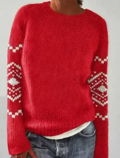 Discount Women's Sweater Casual Soft Heart Geometric Ribbed Crew Neck Knitted Long Sleeve Regular Tops Knit Outdoor Daily Weekend Pink Red Fall Winter Women Pullovers & Tops