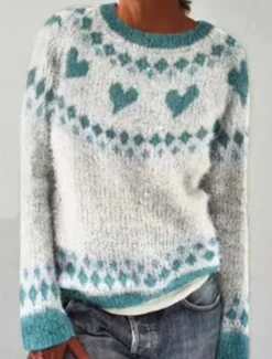 Discount Women's Sweater Casual Soft Heart Geometric Ribbed Crew Neck Knitted Long Sleeve Regular Tops Knit Outdoor Daily Weekend Pink Red Fall Winter Women Pullovers & Tops
