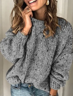 Sale Women's Sweater Casual Soft Pure Color Ribbed Crew Neck Knitted Long Sleeve Regular Tops Knit Outdoor Daily Weekend Blue Light Grey Fall Winter Women Hoodies & Sweatshirts