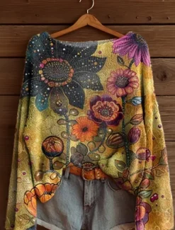 Women's Sweater Casual Soft Floral Graphic Ribbed Boat Neck Floral Knitted Print Long Sleeve Regular Tops Knit Outdoor Daily Weekend Yellow Pink Spring Fall Women Pullovers & Tops