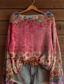 Women's Sweater Casual Soft Floral Graphic Ribbed Boat Neck Floral Knitted Print Long Sleeve Regular Tops Knit Outdoor Daily Weekend Yellow Pink Spring Fall Women Pullovers & Tops