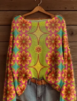 Women's Sweater Casual Soft Floral Graphic Ribbed Boat Neck Floral Knitted Print Long Sleeve Regular Tops Knit Outdoor Daily Weekend Yellow Pink Spring Fall Women Pullovers & Tops