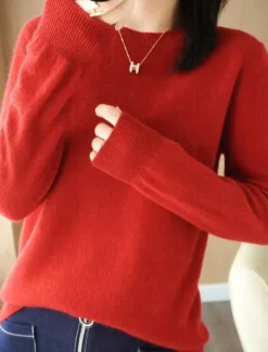 Online Women's Sweater Casual Soft Pure Color Ribbed Crew Neck Knitted Long Sleeve Regular Tops Knit Outdoor Daily Weekend Black Red Fall Winter Women Pullovers & Tops