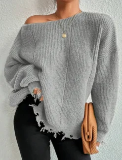 Women's Sweater Casual Soft Pure Color Ribbed Crew Neck Tassel Knitted Long Sleeve Regular Tops Knit Outdoor Daily Weekend Army Green Khaki Fall Winter Women Pullovers & Tops