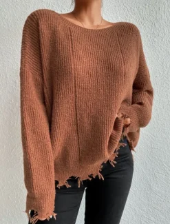 Women's Sweater Casual Soft Pure Color Ribbed Crew Neck Tassel Knitted Long Sleeve Regular Tops Knit Outdoor Daily Weekend Army Green Khaki Fall Winter Women Pullovers & Tops