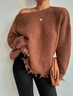 Women's Sweater Casual Soft Pure Color Ribbed Crew Neck Tassel Knitted Long Sleeve Regular Tops Knit Outdoor Daily Weekend Army Green Khaki Fall Winter Women Pullovers & Tops
