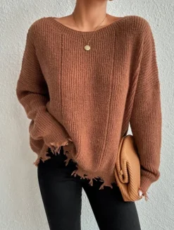 Women's Sweater Casual Soft Pure Color Ribbed Crew Neck Tassel Knitted Long Sleeve Regular Tops Knit Outdoor Daily Weekend Army Green Khaki Fall Winter Women Pullovers & Tops