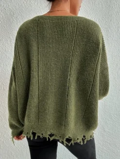 Women's Sweater Casual Soft Pure Color Ribbed Crew Neck Tassel Knitted Long Sleeve Regular Tops Knit Outdoor Daily Weekend Army Green Khaki Fall Winter Women Pullovers & Tops