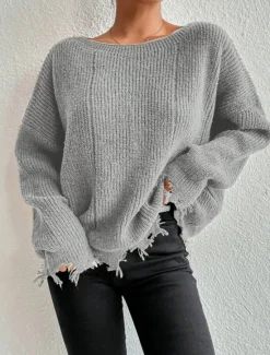 Women's Sweater Casual Soft Pure Color Ribbed Crew Neck Tassel Knitted Long Sleeve Regular Tops Knit Outdoor Daily Weekend Army Green Khaki Fall Winter Women Pullovers & Tops