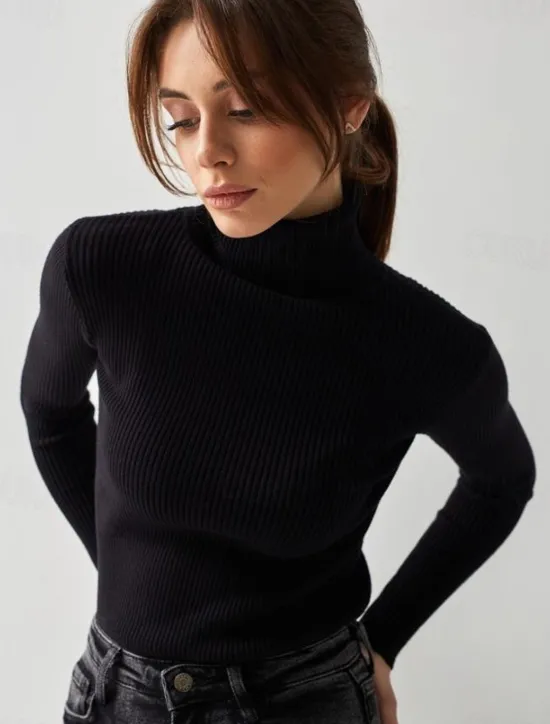 Discount Women's Sweater Casual Soft Pure Color Ribbed Turtleneck Knitted Long Sleeve Regular Tops Knit Outdoor Daily Weekend Black White Fall Winter Women Pullovers & Tops