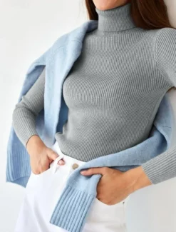Discount Women's Sweater Casual Soft Pure Color Ribbed Turtleneck Knitted Long Sleeve Regular Tops Knit Outdoor Daily Weekend Black White Fall Winter Women Pullovers & Tops