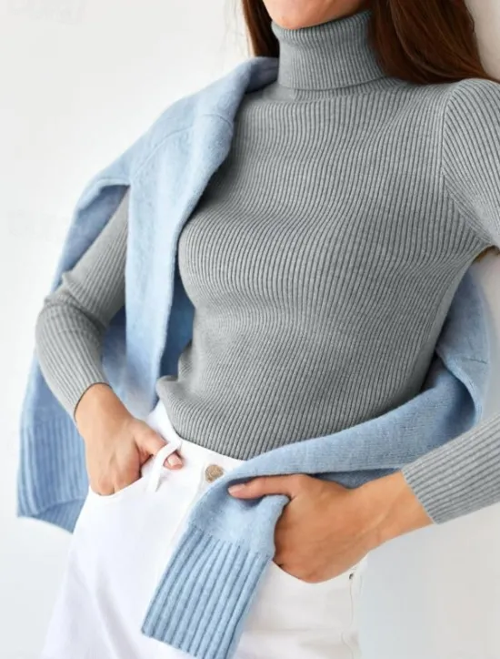 Discount Women's Sweater Casual Soft Pure Color Ribbed Turtleneck Knitted Long Sleeve Regular Tops Knit Outdoor Daily Weekend Black White Fall Winter Women Pullovers & Tops