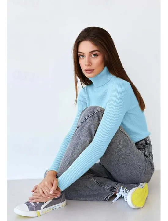 Discount Women's Sweater Casual Soft Pure Color Ribbed Turtleneck Knitted Long Sleeve Regular Tops Knit Outdoor Daily Weekend Black White Fall Winter Women Pullovers & Tops