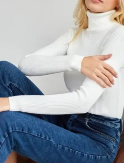 Discount Women's Sweater Casual Soft Pure Color Ribbed Turtleneck Knitted Long Sleeve Regular Tops Knit Outdoor Daily Weekend Black White Fall Winter Women Pullovers & Tops