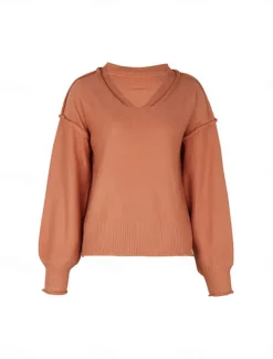 Women's Sweater Casual Soft Pure Color Ribbed V Neck Knitted Long Sleeve Regular Tops Knit Outdoor Daily Weekend Fall Winter Women Pullovers & Tops