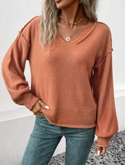 Women's Sweater Casual Soft Pure Color Ribbed V Neck Knitted Long Sleeve Regular Tops Knit Outdoor Daily Weekend Fall Winter Women Pullovers & Tops