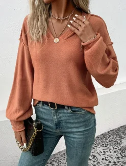 Women's Sweater Casual Soft Pure Color Ribbed V Neck Knitted Long Sleeve Regular Tops Knit Outdoor Daily Weekend Fall Winter Women Pullovers & Tops
