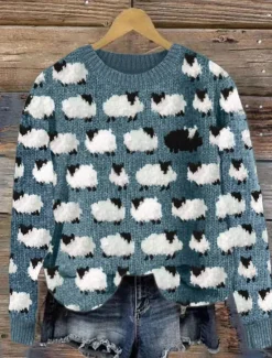 Hot Women's Sweater Casual Soft Animal Ribbed Crew Neck Knitted Print Long Sleeve Regular Tops Knit Outdoor Daily Weekend Blue Green Fall Winter Women Pullovers & Tops