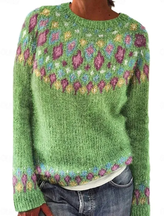 Hot Women's Sweater Casual Soft Geometric Ribbed Crew Neck Knitted Print Long Sleeve Regular Tops Knit Outdoor Daily Weekend Yellow Green Fall Winter Women Pullovers & Tops