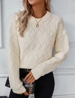 Online Women's Sweater Casual Soft Pure Color Ribbed Crew Neck Knitted Long Sleeve Regular Tops Knit Outdoor Daily Weekend Dark Gray Beige Fall Winter Women Pullovers & Tops
