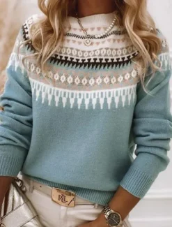 Discount Women's Sweater Casual Soft Geometric Ribbed Crew Neck Knitted Print Long Sleeve Regular Tops Knit Outdoor Daily Weekend Pink Blue Fall Winter Women Pullovers & Tops
