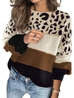 Sale Women's Sweater Casual Soft Leopard Ribbed Crew Neck Knitted Long Sleeve Regular Tops Knit Outdoor Daily Weekend Red Blue Fall Winter Women Pullovers & Tops