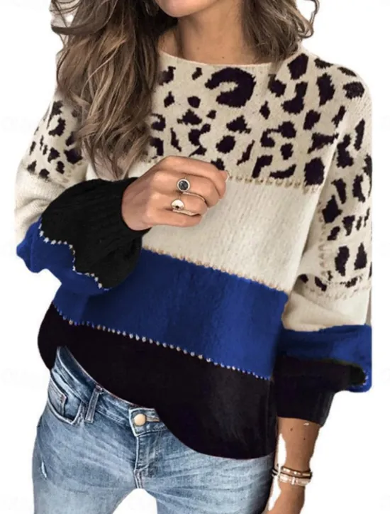Sale Women's Sweater Casual Soft Leopard Ribbed Crew Neck Knitted Long Sleeve Regular Tops Knit Outdoor Daily Weekend Red Blue Fall Winter Women Pullovers & Tops