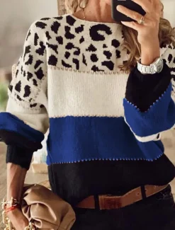Sale Women's Sweater Casual Soft Leopard Ribbed Crew Neck Knitted Long Sleeve Regular Tops Knit Outdoor Daily Weekend Red Blue Fall Winter Women Pullovers & Tops